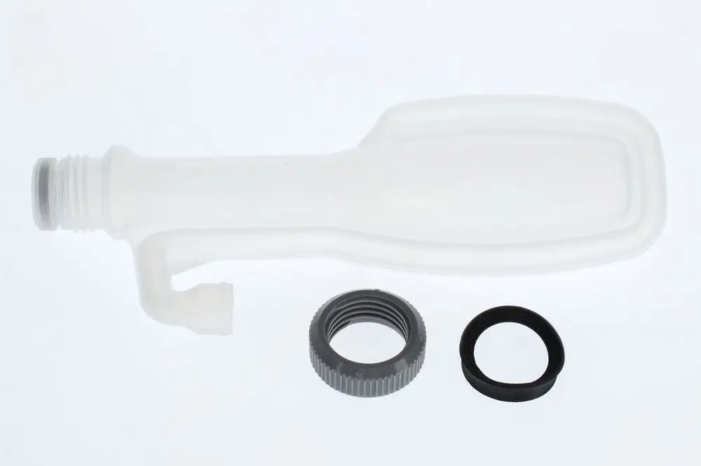 BOSCH Siphon mit transparentem Kunststoffgehäuse und zwei Dichtungen. Enthält einen abgewinkelten Auslass und eine Schraubmutter zur Befestigung.